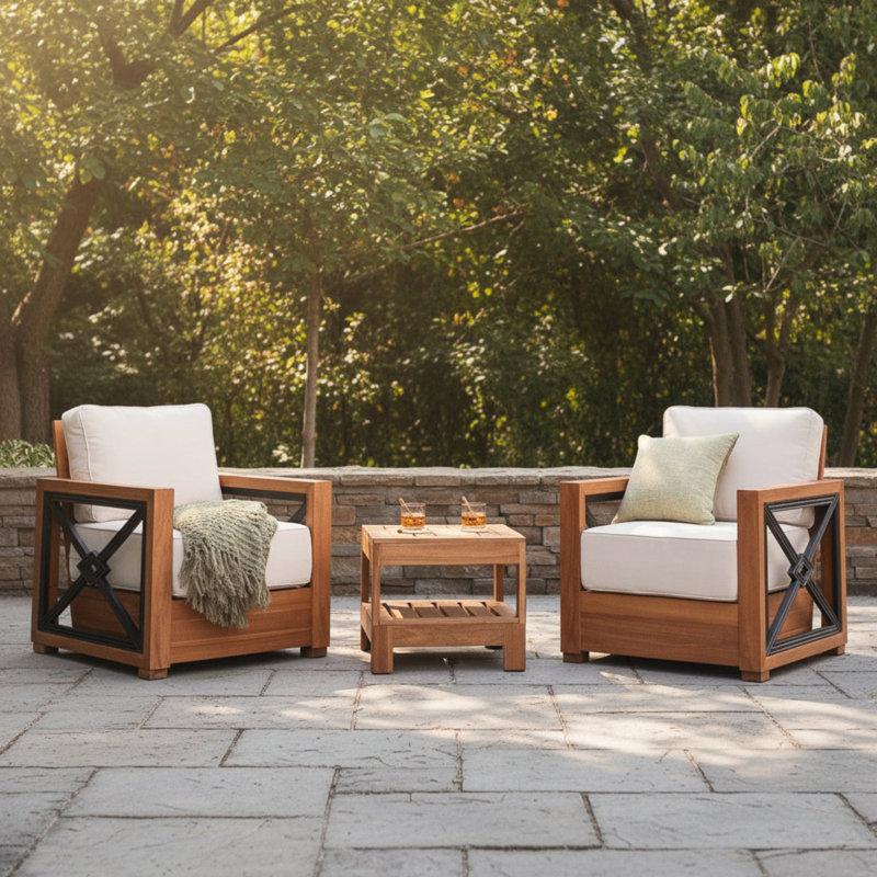 Nash 3 - Piece Teak Outdoor Seating Group With Cushions, 3 Pcs: 2 Chairs, End Table