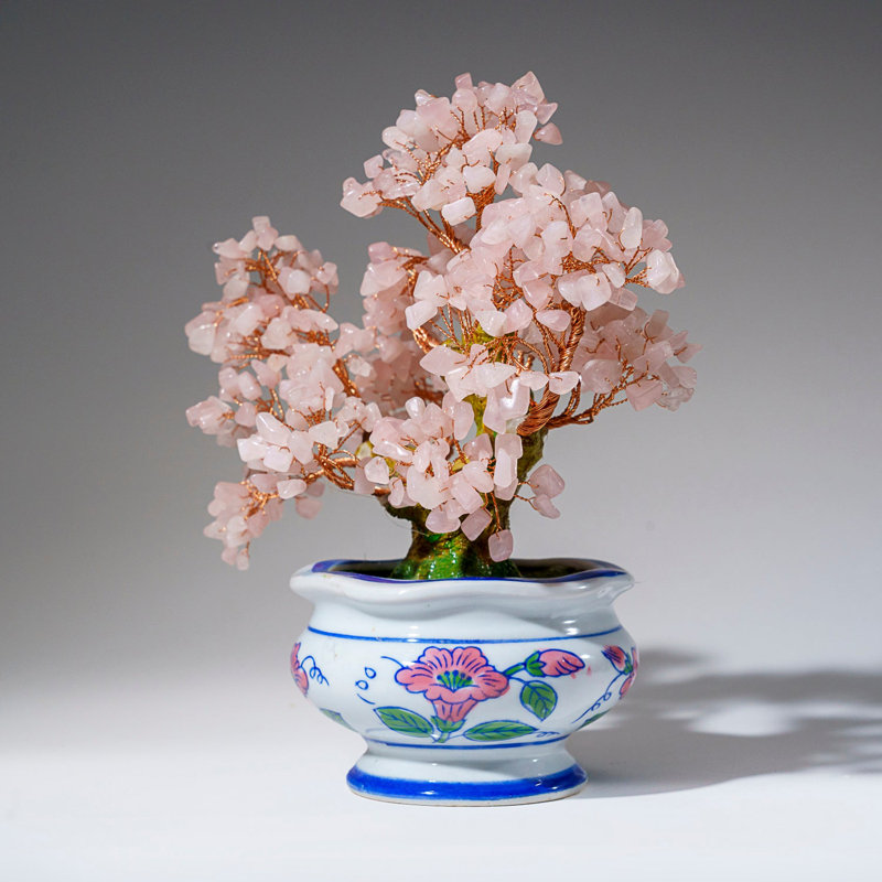 Genuine Rose Quartz Bonsai Tree In Round Ceramic Pot (8.5€ Tall)