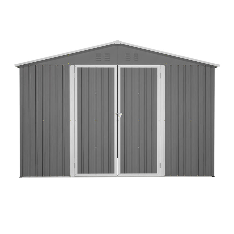 Remise de rangement extérieure 10 x 10 pi, grandes remises à outils en métal avec une structure de cadre actualisée et des portes verrouillables, remise de jardin pour la cour de jardin, gris