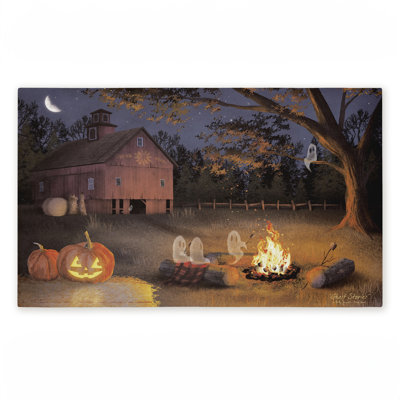 Paillasson d'automne à imprimé d'automne avec fantômes et feu de camp, design par Billy Jacobs, 18 po x 30 po
