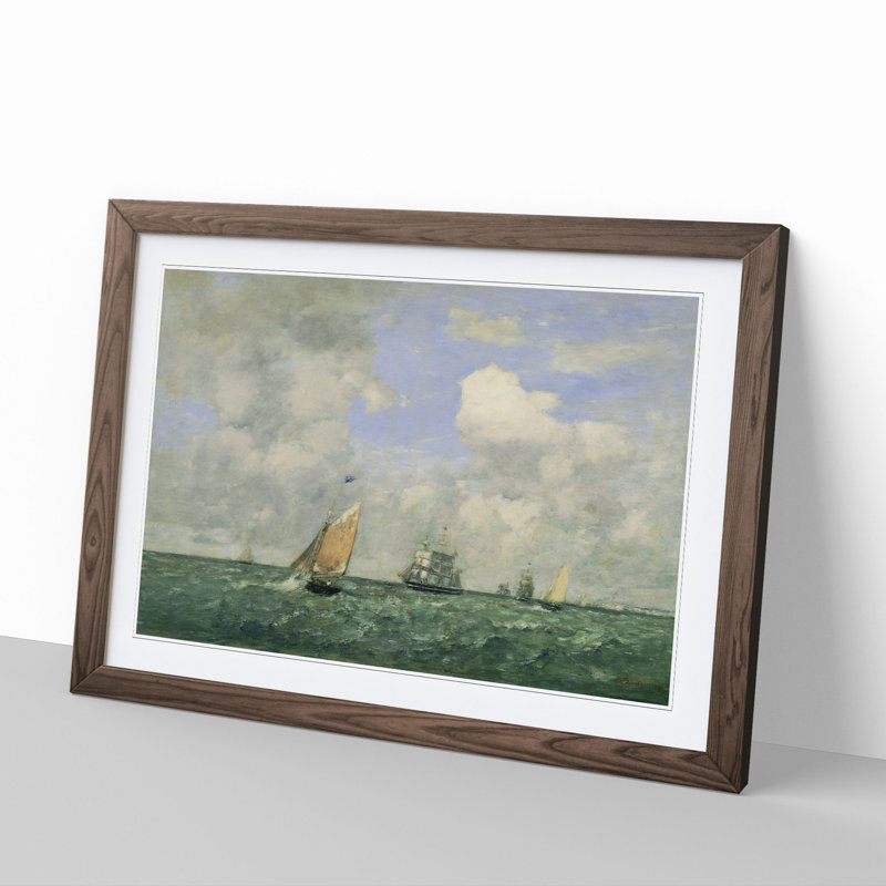 Ships and Sailing Boats by Eugene Boudin - Picture Frame Painting, Walnut Framed, 48cm H x 65cm W x 2cm D