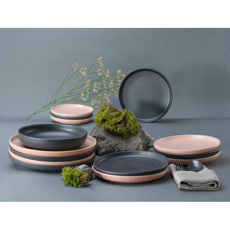 8 Pcs. Uno Stoneware Crockery Set For 2 People, Black/Pink