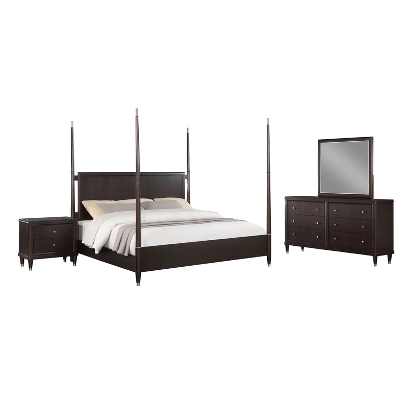 Ensemble de chambre à coucher en bois de style oriental avec poteaux effilés en brun, Très grand