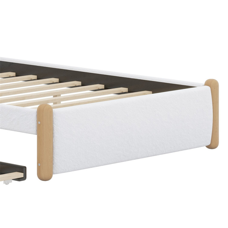 Lit plateforme tapissier avec pieds de soutien en bois et lit gigogne