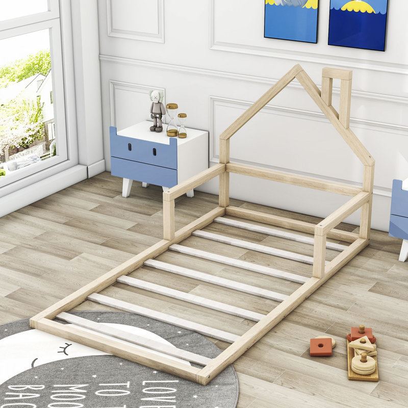 Wood Floor Bed with House-shaped Headboard, Natural, Twin