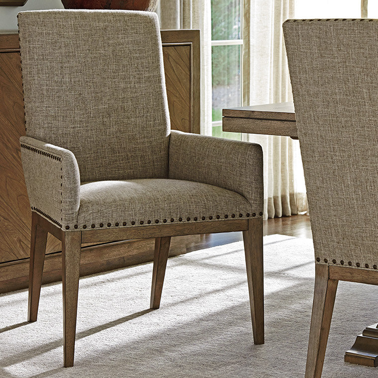 Gray Linen Upholstered Arm Chair with Wooden Base