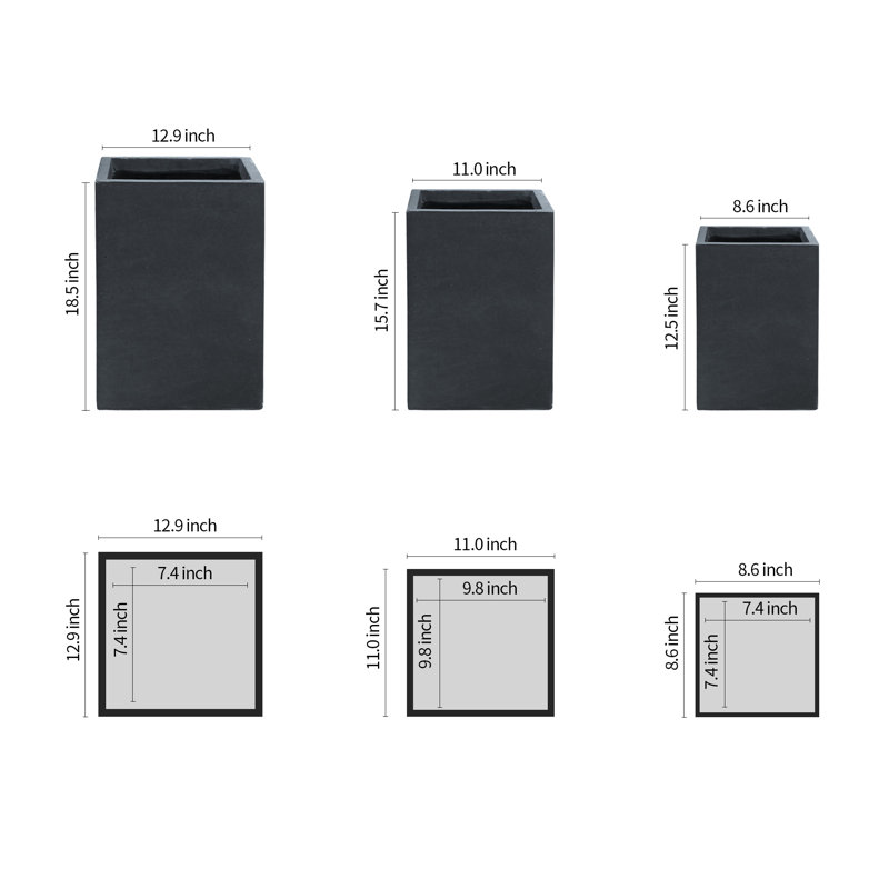 Charcoal Finish Concrete Tall Square Planter Set, 19", 16" and 13"H