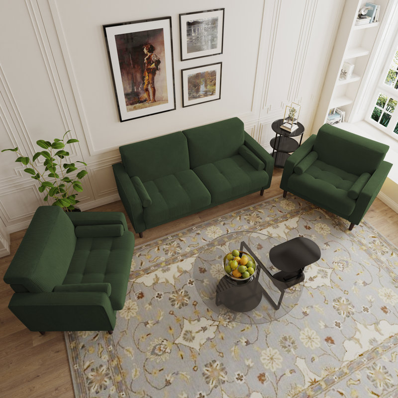 Carmelinda 3-Piece Button-Tufted Corduroy Seating Set, Green