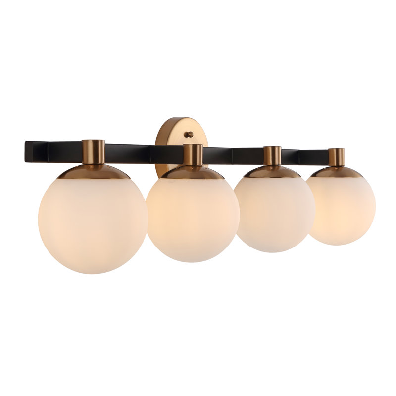  Songer Metal/Frosted Glass Modern Contemporary LED Vanity, 4 Lights, Gold/Matte Black