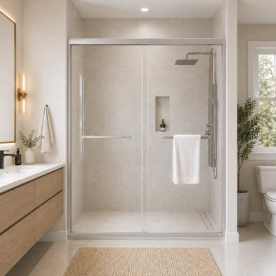 Porte de douche coulissante double semi-sans cadre en verre trempé transparent, 142-152 cm x 183 cm (H), verre trempé SGCC 1/4 po, argent