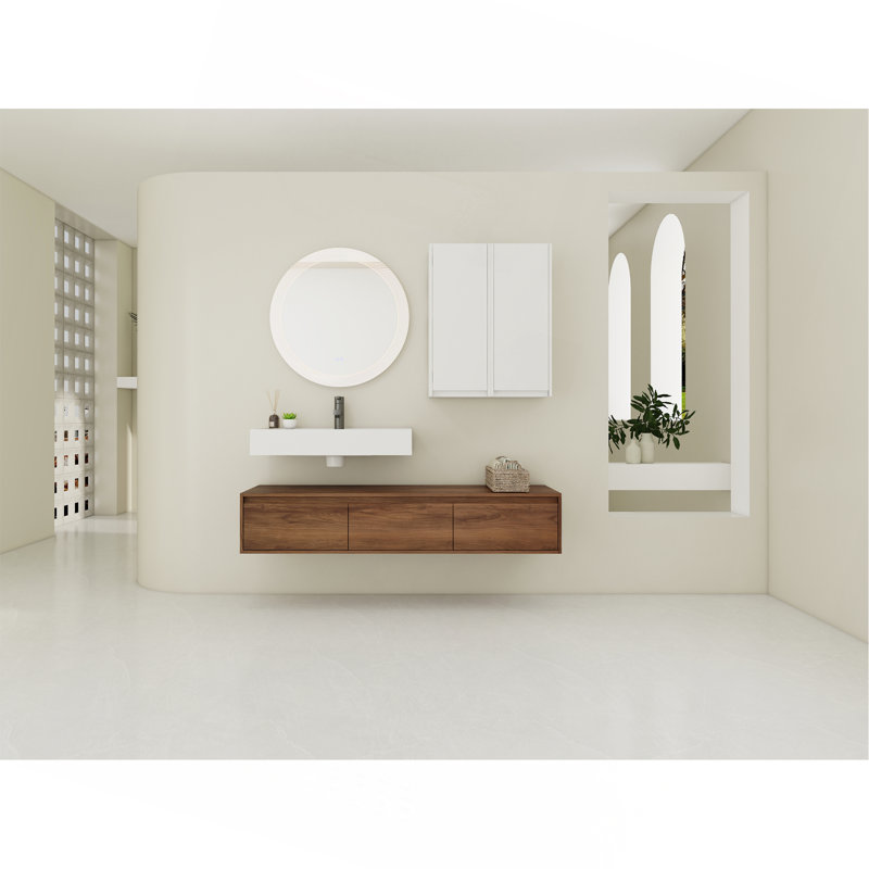 Meuble-lavabo mural avec lavabo en résine et armoire à 2 côtés, 3 tiroirs à fermeture en douceur, fixation à flotteur