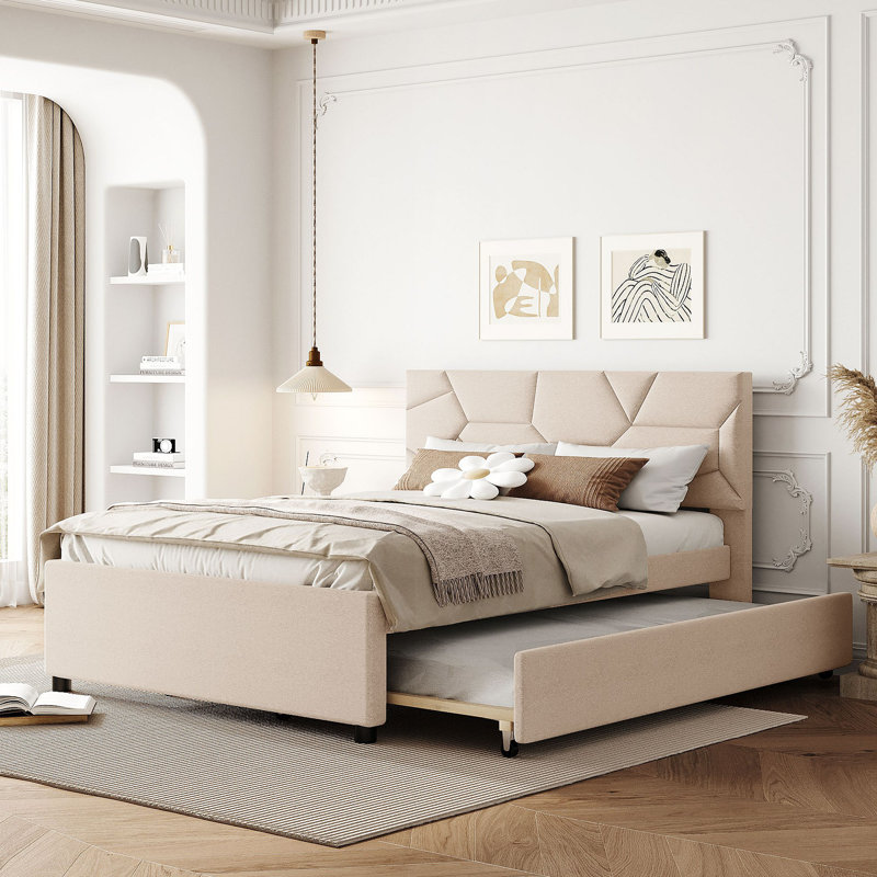 Lit plateforme tapissier avec tête de lit à motif brique et lit gigogne en lin, Beige