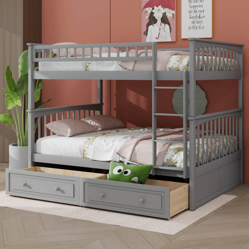 Lit superposé Kelmend avec tiroirs, lits convertibles, Grey, Full Over Full
