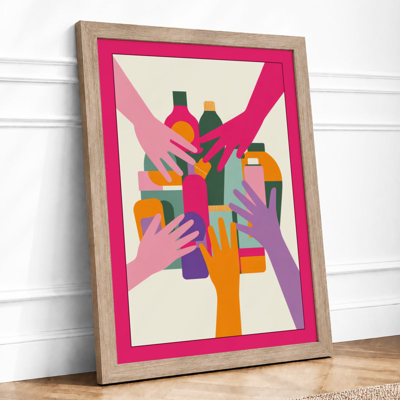 Hands Reaching Together Modern - Framed Print, A4 - 29.7 x 21.0 cm, Oak