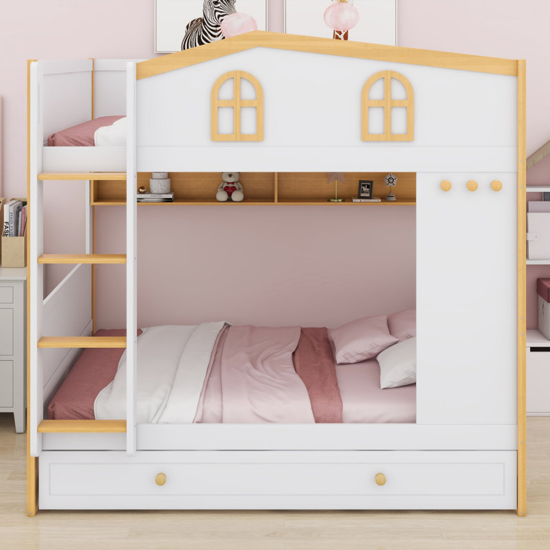 House-Shaped Guardrails Kids Bunk Bed with Storage Shelves & Trundle, Full over Full