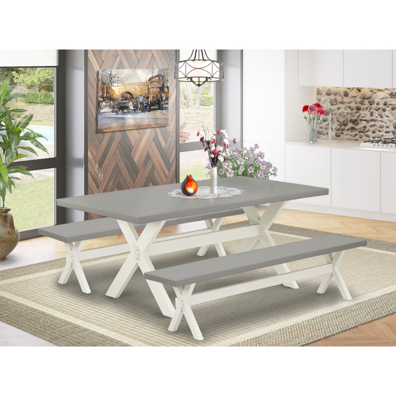 Ensemble de table de salle à manger 3 pièces comprenant une table de cuisine rectangulaire avec pieds en X et 2 bancs de table, lin blanc