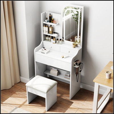 Bureau de coiffeuse élégant avec miroir, lumières réglables, support pour sèche-cheveux et rangement, parfait pour le maquillage et l'organisation