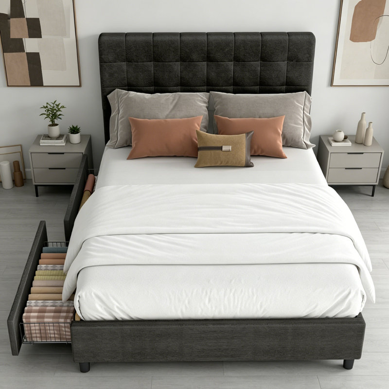 Queen Bed Frame with 4 Underbed Drawers, Modern Platform Bed with Headboard, Queen, Black