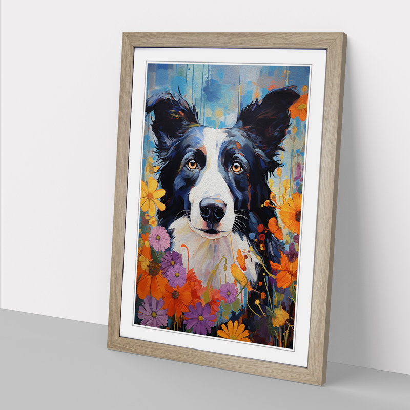 Border Collie Expressionism No.2 - Single Picture Frame Print on Wood, Oak, 34cm H x 25cm W x 2cm D