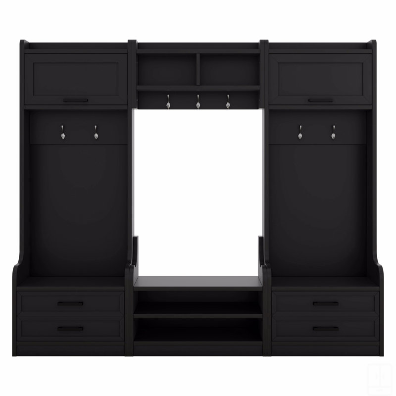 4-In-1 Detachable Hall Tree With Storage And 7 Hooks, Multiple Functions Hallway Coat Rack With Storage Drawers And Cabinet, Black Shoe Bench