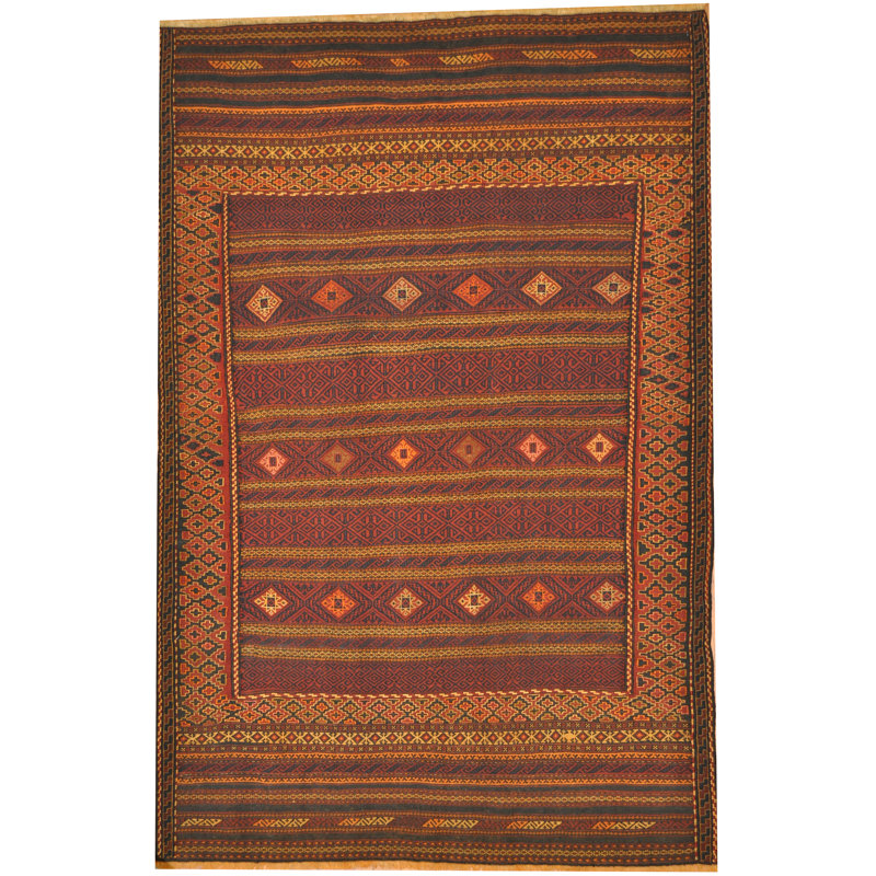 Tapis géométrique rouge / brun en laine tissé à plat à la main à motif géométrique 5 pi 1 po x 7 pi 9 po