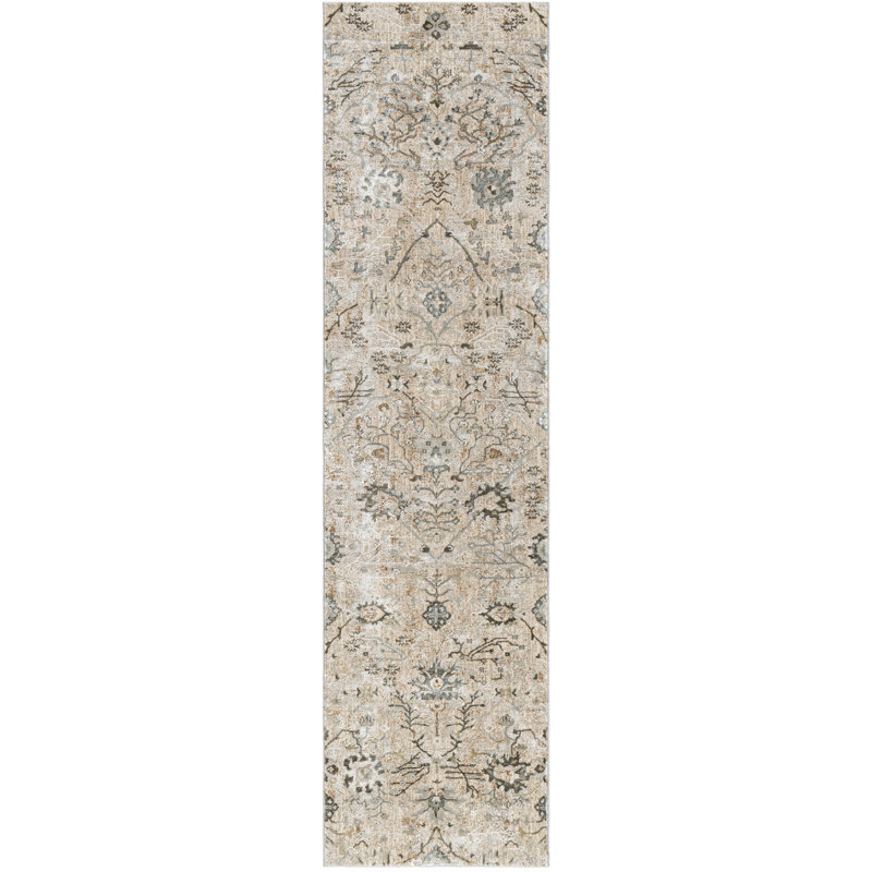 Tapis beige à motif floral Mitchelton, Tapis de couloir 2 pi 6 po x 10 pi