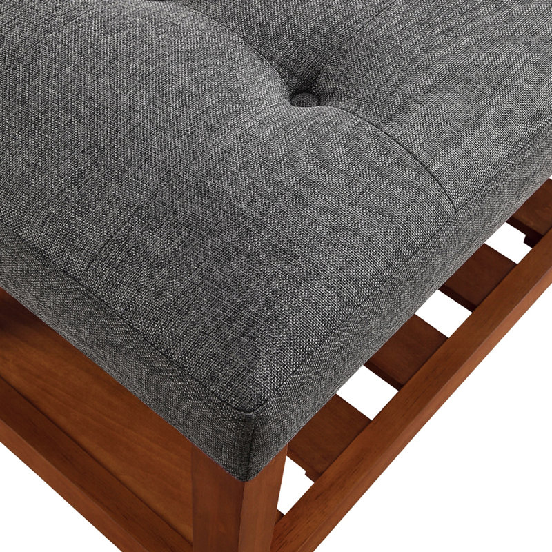 Gray Fabric Upholstered Bench With Open Storage, Oak Tapered Legs, Button - Seat, 8 Inch Space Between Seat And Shelf, 40 Shelf Width Upholstery, Padded Cushion, Space,
