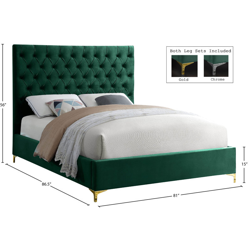 Cruz Upholstered Platform Bed, King, Green Velvet