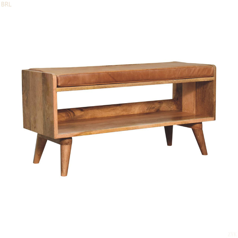 Oak-ish Bench with Tan Leather Seatpad, Oak/Brown