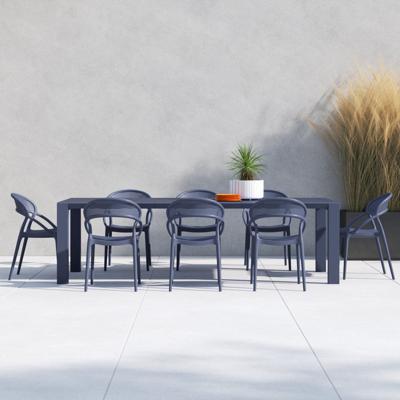 Farrah Extendable Plastic 9-Piece Patio Dining Set, Dark Gray