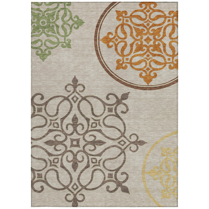 Tapis intérieur / extérieur lavable en médaillon floral taupe 9 'X 12'