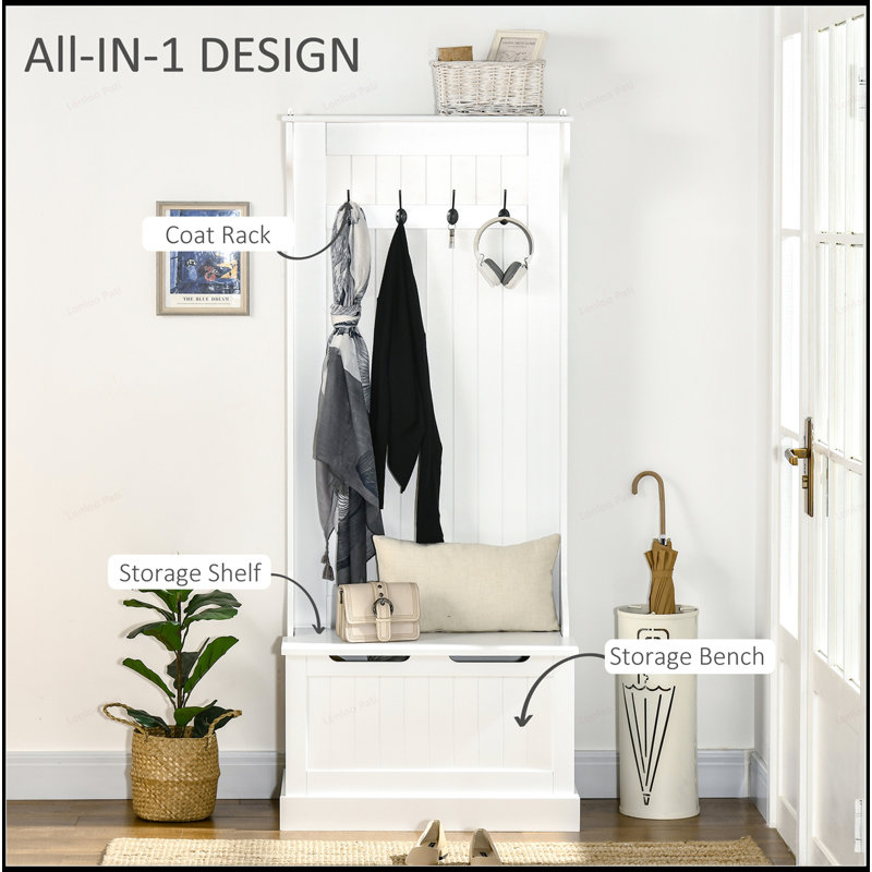 Versatile Hall Tree with Integrated Storage, Comfortable Seating, and Multiple Hooks for Organized Entryways, White