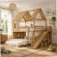 Lit superposé double au-dessus d'un lit double avec échelles et glissières, lit superposé au sol avec tablettes de rangement et garde-robe, conception de maisonnette naturelle-1703104110