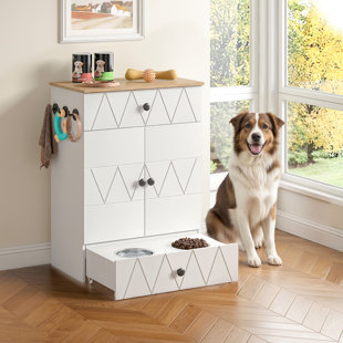 Modern Pet Feeding Station With 2 Elevated Dog Bowls, Dog Food Storage Cabinet, Drawer and Hooks
