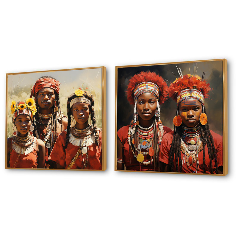 Ensemble de 2 décorations murales Tribal africain Vibrance I, Cadre flottant doré, H 30 po x l 61 po x P 1 po