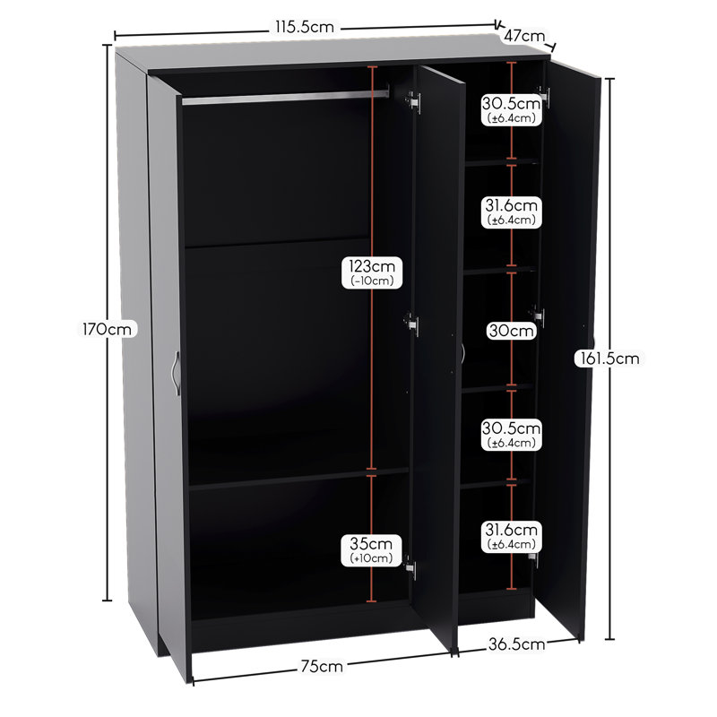 Maybery 3 Piece Bedroom Set (2 Drawer Bedside Chest, 4 Drawer Chest, 3 Door Wardrobe), (5), Black
