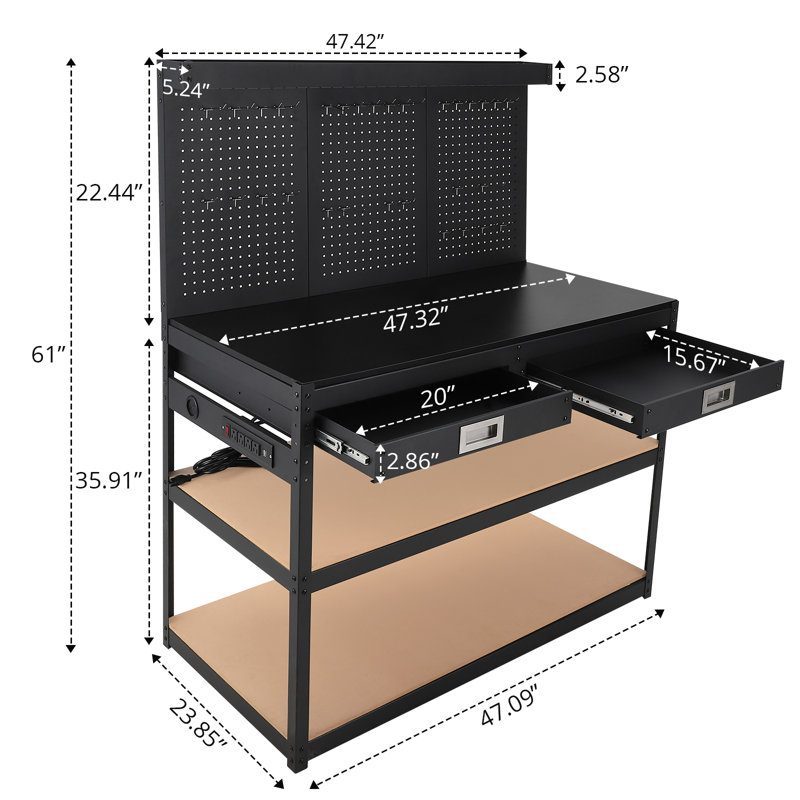Établi portatif robuste à 3 niveaux 47,42 x 23,85 x 61 pouces