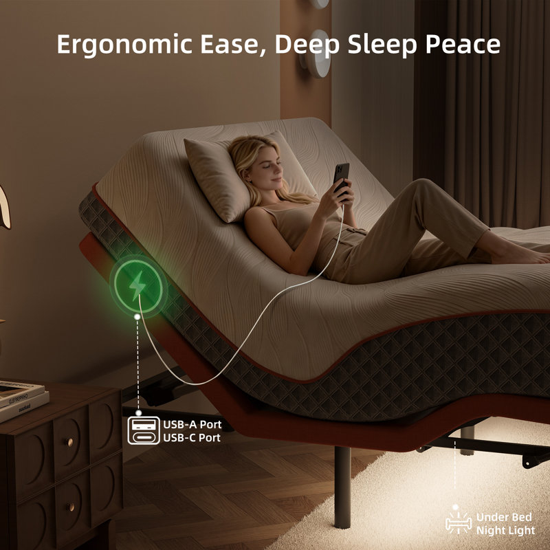 Zero Gravity Adjustable Bed with 14" Hybrid Mattress, Massage, Wireless Remote, App Control, Zero Gravity, Underbed Light, USB & Type C Ports on both sides