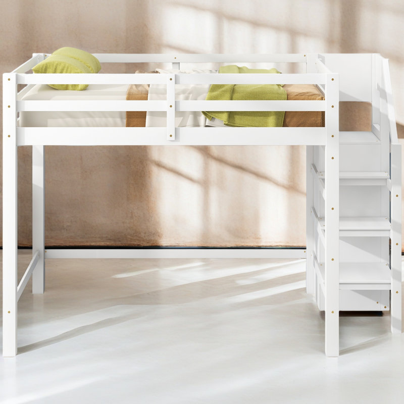 Lit mezzanine double avec garde-robe et escalier de rangement intégrés, Blanc
