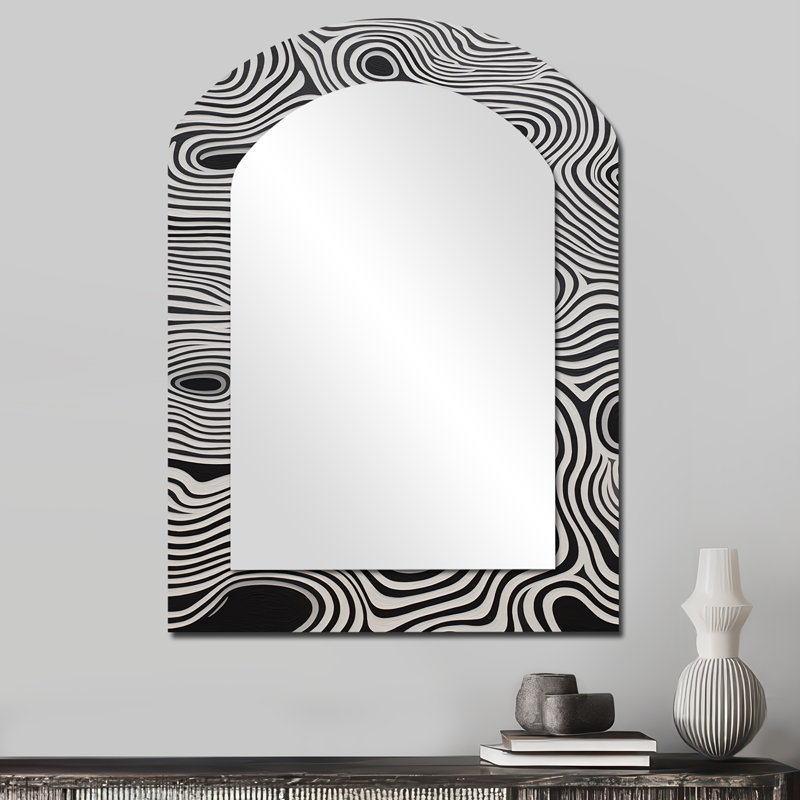 Black White Minimal Labyrinth Waves - Abstract Line Art Modern Wall Mirror In Asymmetrical Shapes, 34'' x 25''