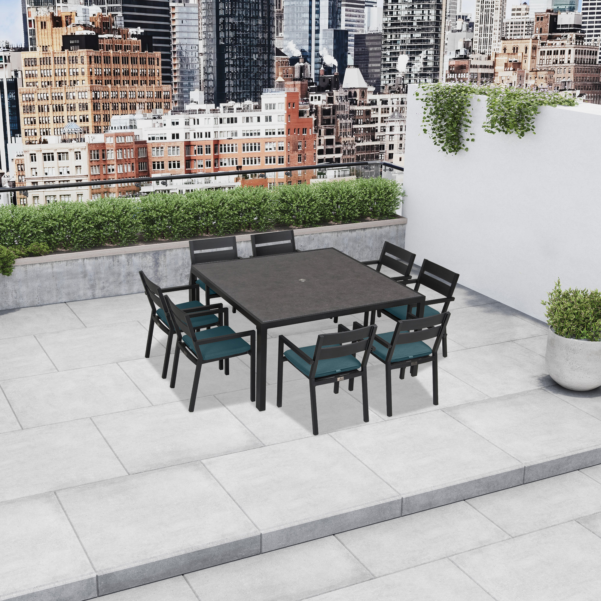 Vivant Square 8 - Person Outdoor Dining Set with Cushions, Cast Lagoon Sunbrella® Plainweave, Black