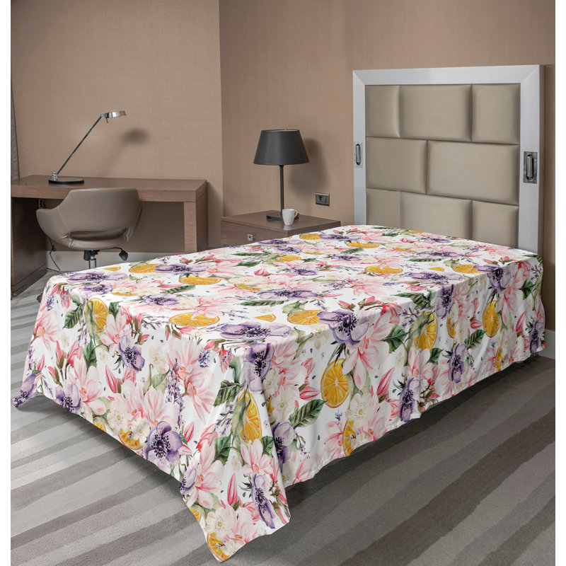Drap plat Ambesonne orange et fleurs rétro branche rose pâle violet vert, Drap plat pour lit simple