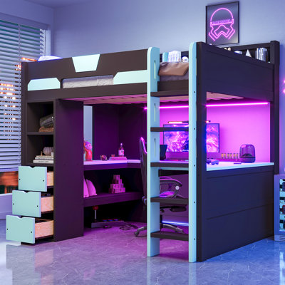 Lit mezzanine double pleine grandeur avec bureau en U, DEL RVB et USB, tablettes à 3 tiroirs, cadre de lit poste de travail noir et bleu