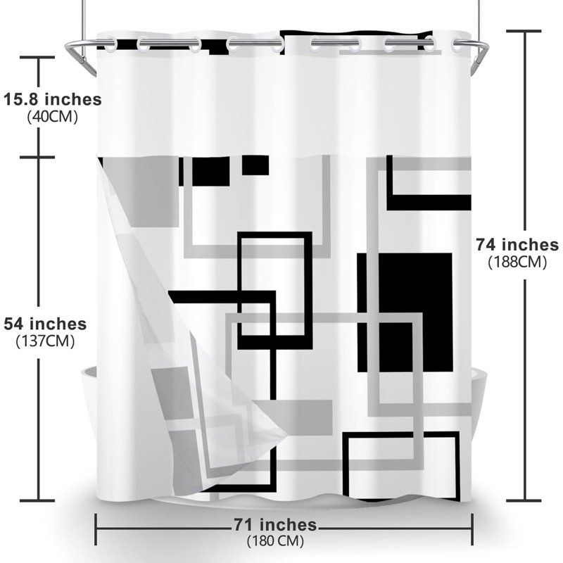 Black and White Geometric Fabric Shower Curtain with Liner