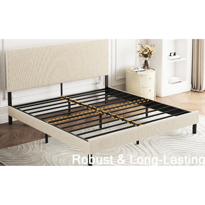 Structure de lit très grand beige avec tête de lit bandée - et conception silencieuse et épurée, structure en fer de la taille de la chambre à coucher rapide, sommeil tranquille, esthétique moderne
