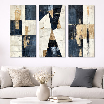 Minimalist Beige and Blue Cubism Balance – Gold Modern 3 Piece Metal Wall Decor Set