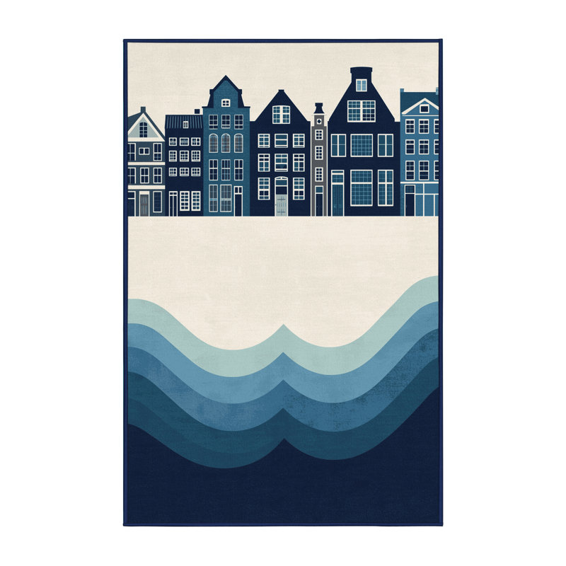 Machine Washable Orsolya Amsterdam Canals Scandinavian Geometric Rug in White – Navy Binding, 2x5