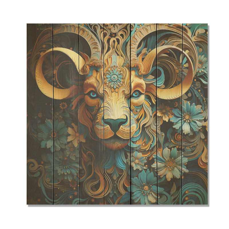 Capricorne jaune en fleurs - Chèvre sur bois, H 15 po x l 15 po
