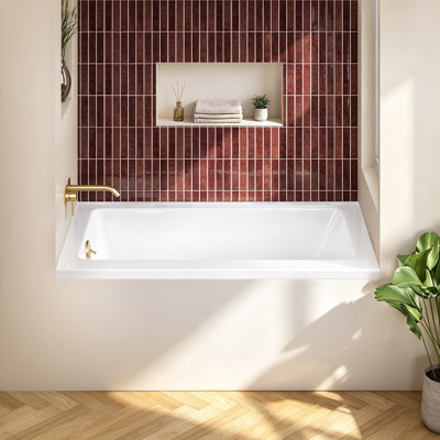 54" W X 32'' D Alcove Rectangular Bathtub Drop-in Soaking Left Drain Tub 3-Wall Acrylic White Bathroom Tub with Integrated Overflow