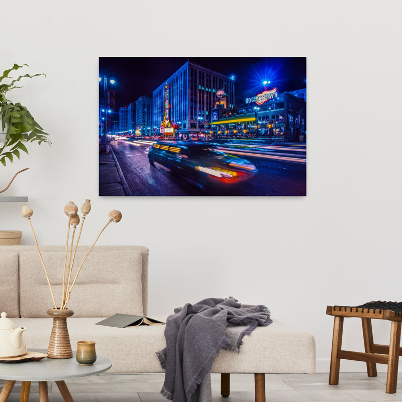 Car at night city street Woodward Avenue Downtown Detroit Michigan USA 1 Piece Wrapped Canvas Wall Art, 60.96cm H x 91.44cm W